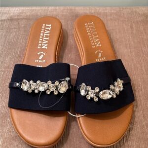 Italian Shoemakers navy blue slides featuring a rhinestone-embellished Strap Sz7
